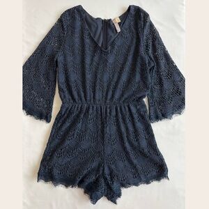 Alya (Francesca’s) lace crochet romper with flare sleeves; blue (size M)